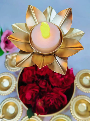Bowl with Flower T-Light & 6 Diya