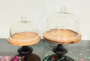 MANGO WOOD CAKE STAND WITH GLASS COVER AND BASE