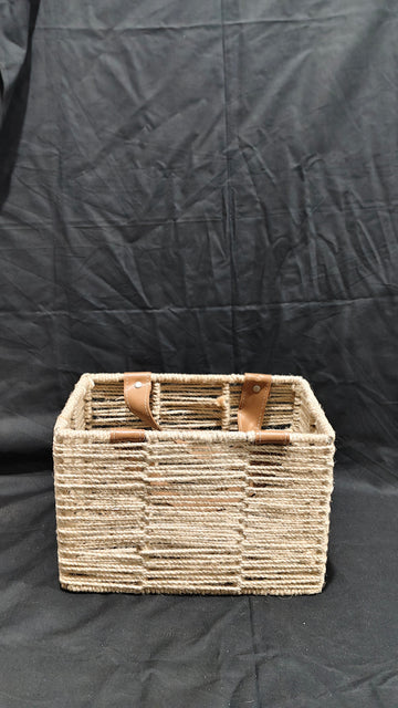 JUTE BASKET RECTANGULAR WITH TAN LEATHER HANDLE 11.5"X7.5"X7.5"