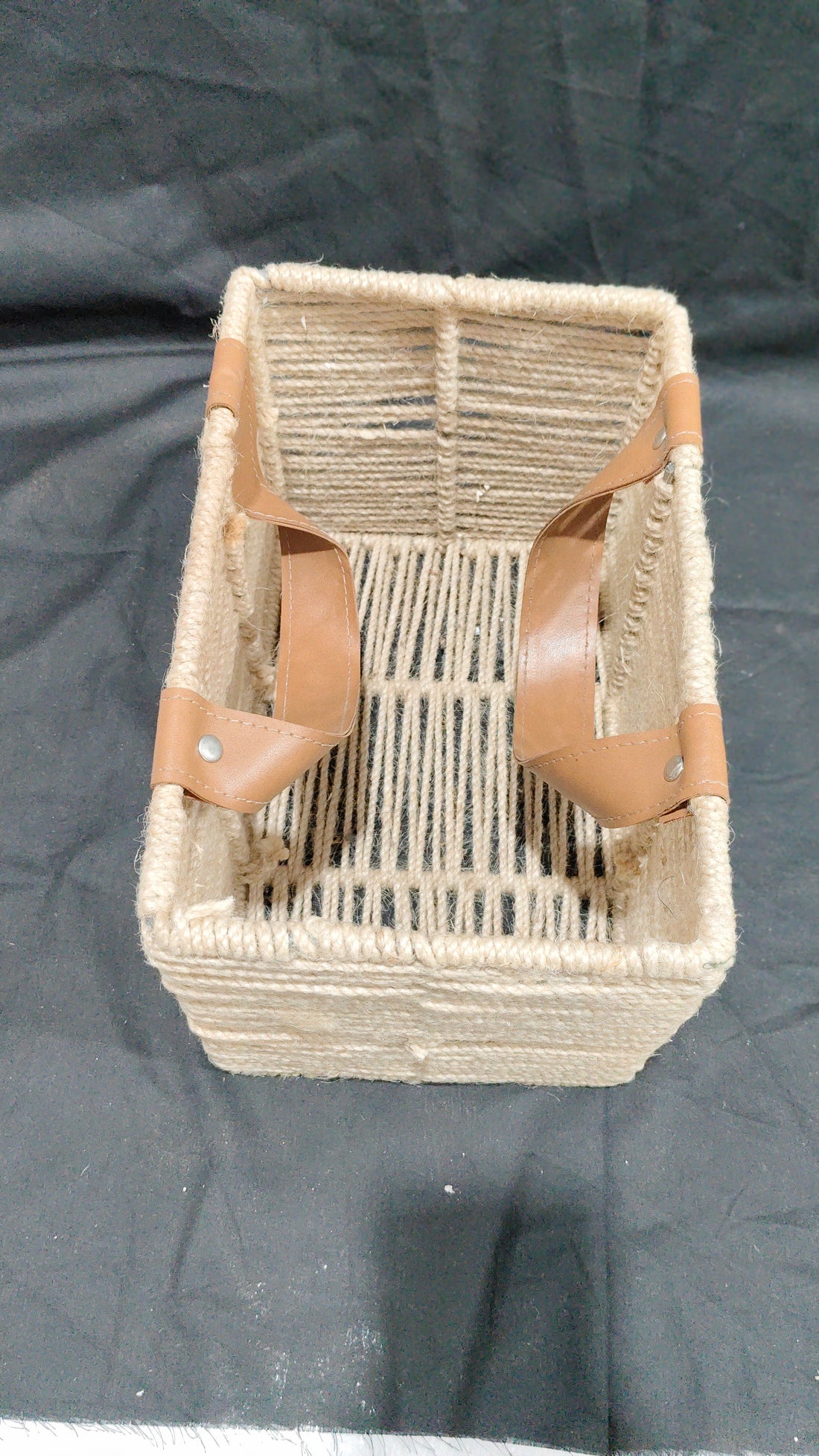 JUTE BASKET RECTANGULAR WITH TAN LEATHER HANDLE 11.5"X7.5"X7.5"