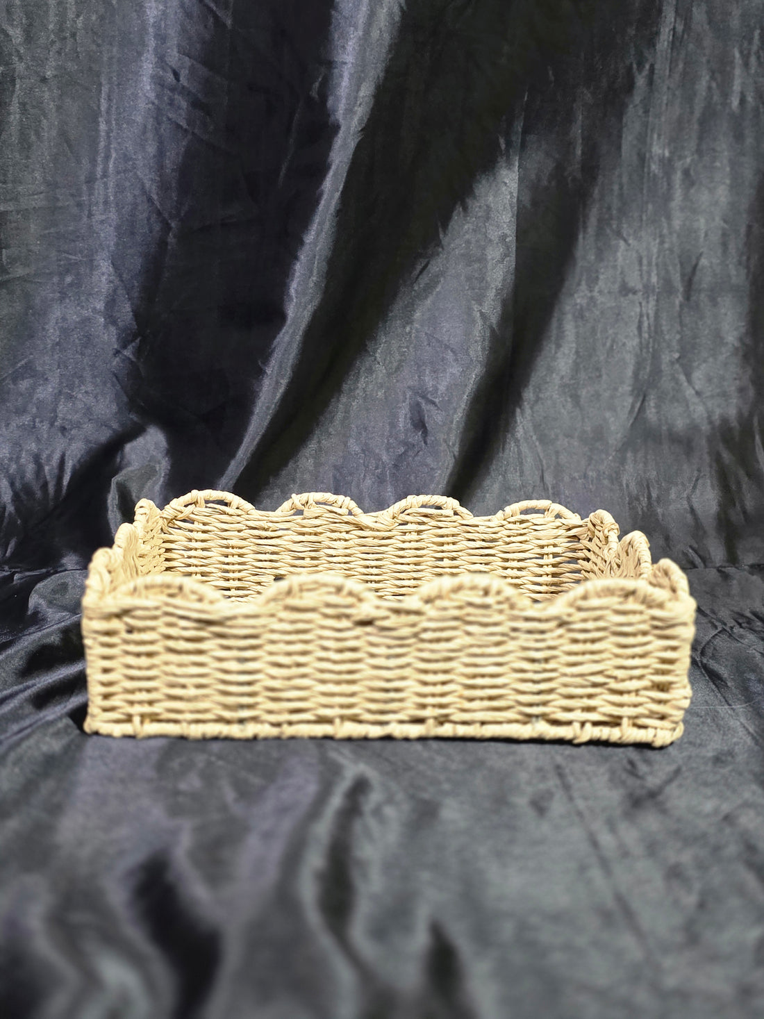Metal Handwoven Raffia Basket / Tray W / Handle Brown Color Size 15x11x4