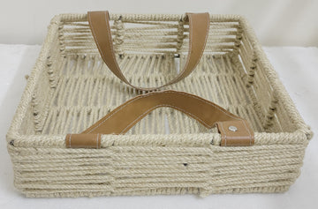 JUTE BASKET SQUARE WITH TAN LEATHER HANDLE