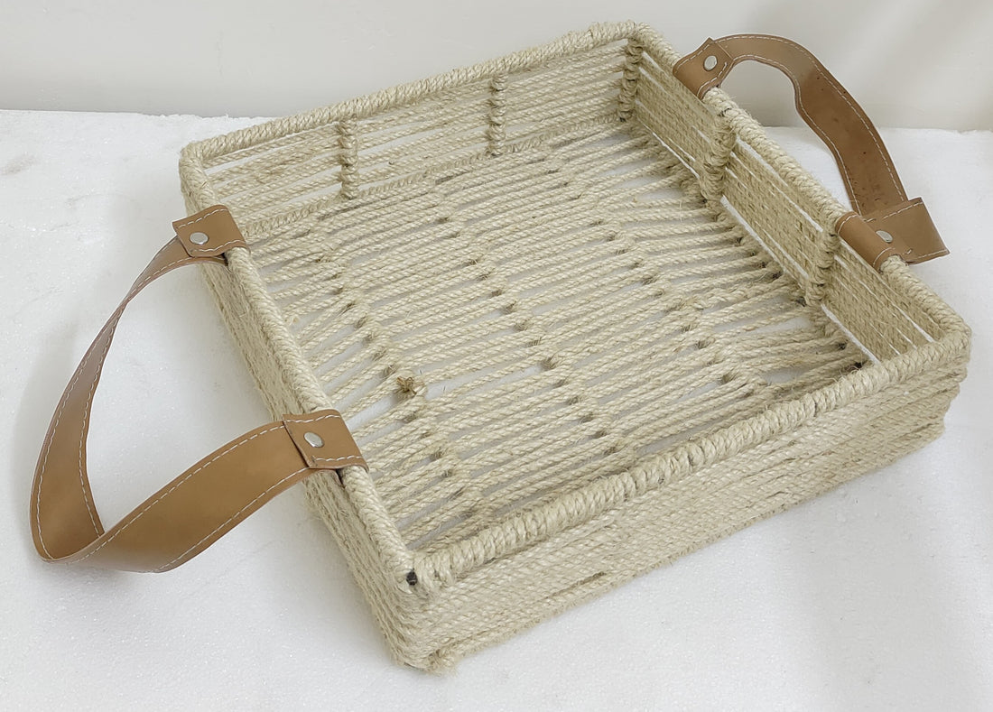 JUTE BASKET SQUARE WITH TAN LEATHER HANDLE