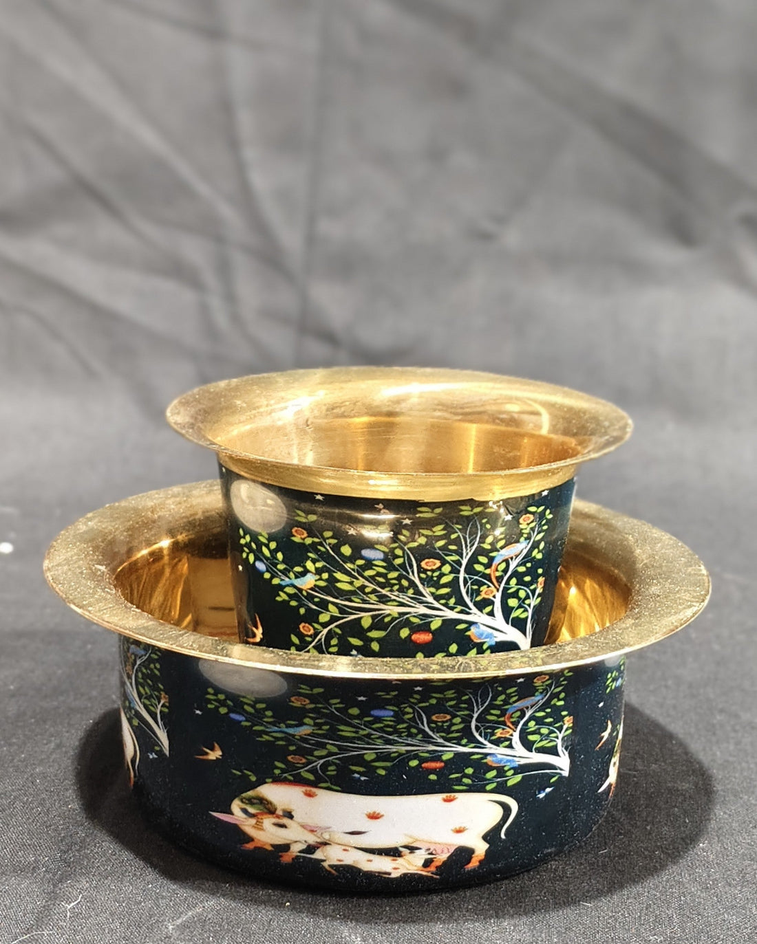 COFFEE / TEA DABRA SET PURE BRASS WITH DARK BLUE PICHWAI DESIGN
