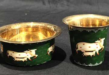 COFFEE / TEA DABRA SET PURE BRASS WITH GREEN PICHWAI DESIGN