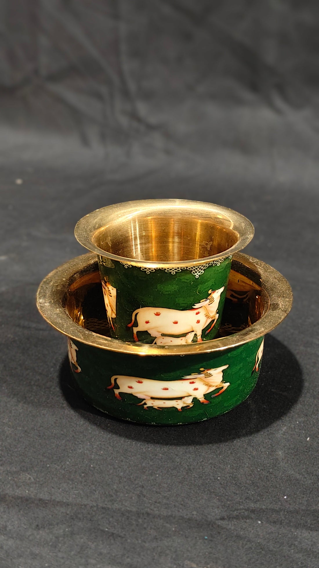 COFFEE / TEA DABRA SET PURE BRASS WITH GREEN PICHWAI DESIGN