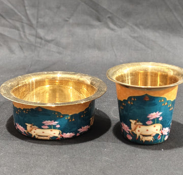 COFFEE / TEA DABRA SET PURE BRASS WITH TURQUISE/YELLOW PICHWAI DESIGN