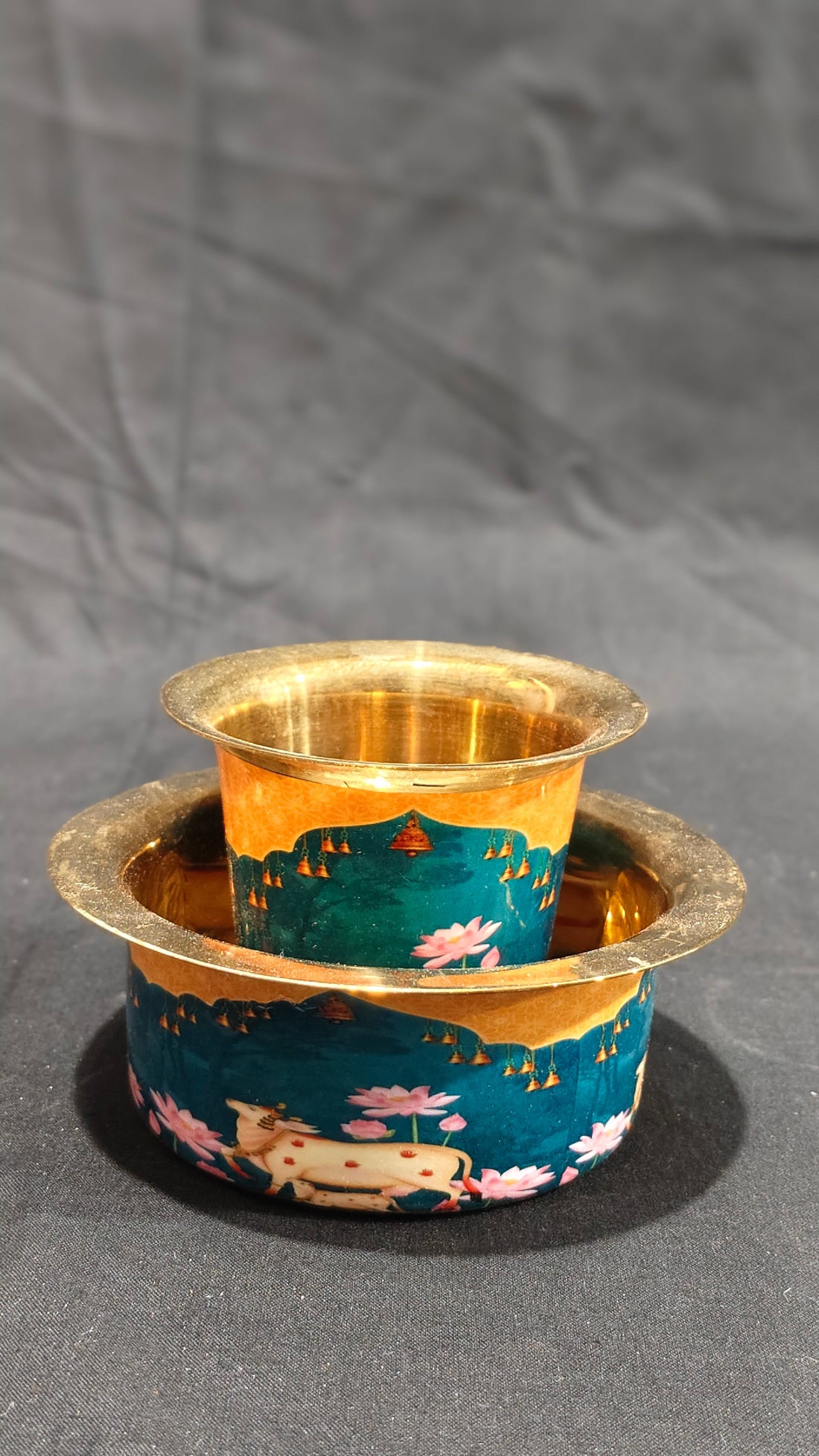 COFFEE / TEA DABRA SET PURE BRASS WITH TURQUISE/YELLOW PICHWAI DESIGN