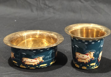 COFFEE / TEA DABRA SET PURE BRASS WITH GREYISH BLUE PICHWAI DESIGN