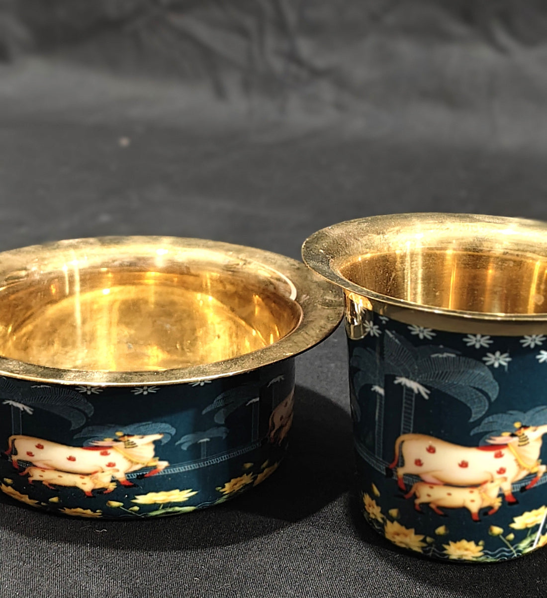 COFFEE / TEA DABRA SET PURE BRASS WITH GREYISH BLUE PICHWAI DESIGN