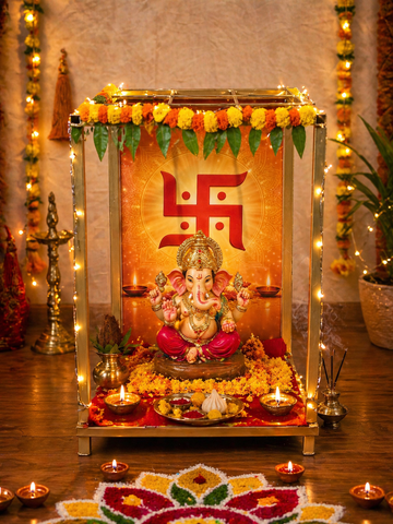 METAL BACKDROP WITH SWASTIC BACKGROUND IDEAL FOR GANESH CHATURTHI - 12"X12"X18"