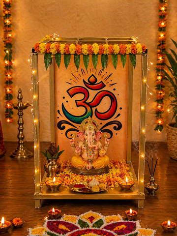 METAL BACKDROP WITH OM BACKGROUND IDEAL FOR GANESH CHATURTHI - 12"X12"X18"