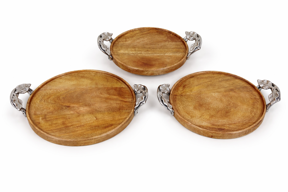 MANGO WOOD TRAY ROUND WITH PREIUM METAL HANDLE