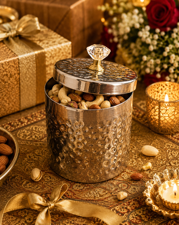 METAL JAR/VOTIVE USED AS A CONTAINER - 3"X3"X4"