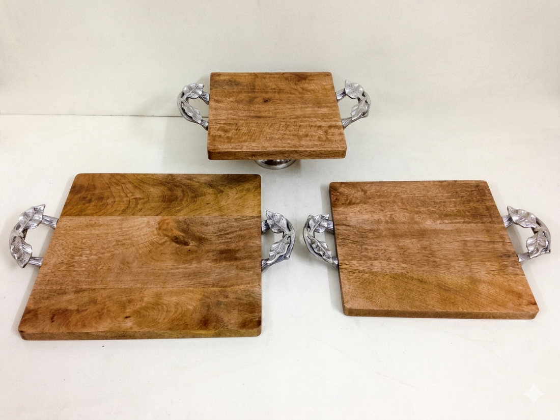 MANGO WOOD TRAY SQUARE WITH PREMIUM METAL HANDLE