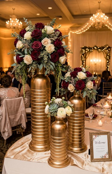 METAL BULLET SHAPE VASES USED IN EVENTS GOLD 3 SIZE OPTIONS