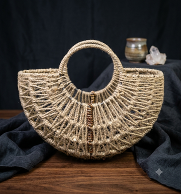 METAL HAND WOVEN BROWN U SHAPE JUTE BAG SIZE 14X6X11"