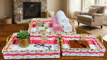 METAL WHITE / PINK / GOLD TRAY SET OF 3 OPTION SIZE 15X10X3" , 18X12X3" , 22X16X3"