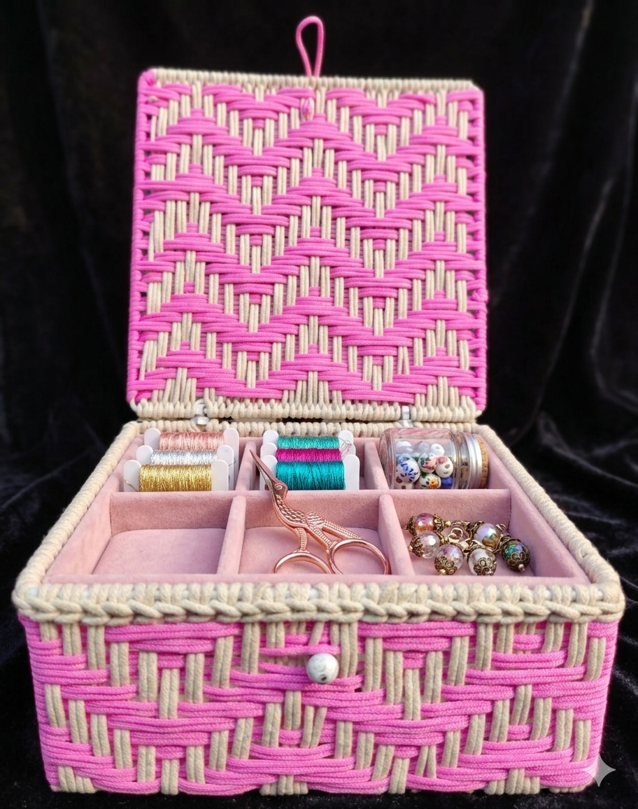 Metal Hand Woven Cotton + Macrom Pink / white Square Box Size 10x10x4