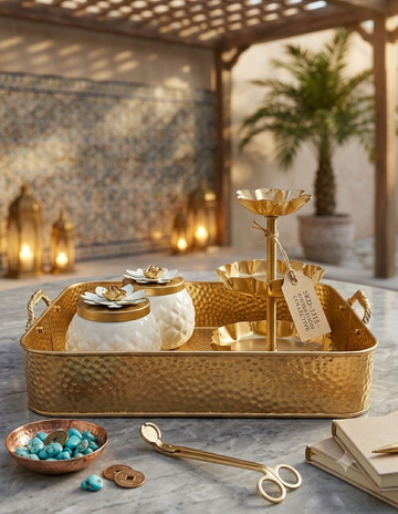 METAL WHITE + GOLD BIG PLATTER HAMMERED TRAY / TLIGHT / JAR