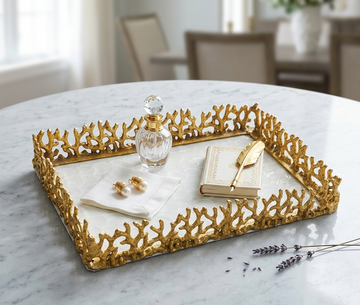 ENAMELING  ALUMINUM + IRON GOLD / WHITE TRAY SIZE 14X10X2"