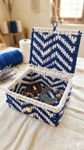 Metal Hand Woven Blue / White Raffia Cotton  Box Size 10x8x4
