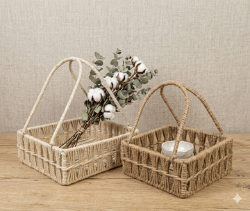 Metal Square jute Hand Woven Basket Set Of 2 Size 8x8x3 , 10x10x3