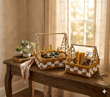 Metal Double Hand Woven Raffia White / Mustard Yellow Hut Hamper Basket  2 Size Options 10x10 " 8x8