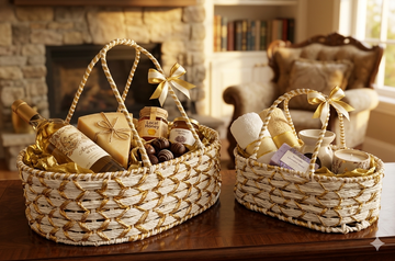 METAL WHITE RAFIA WITH GOLDEN DESIGN BASKETS -- 2 SIZE OPTIONS