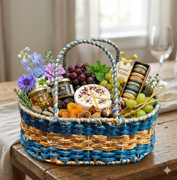 HAMPER HAND WEAVED BASKET BLUE COTTON + GOLDEN  12"X8"X4"