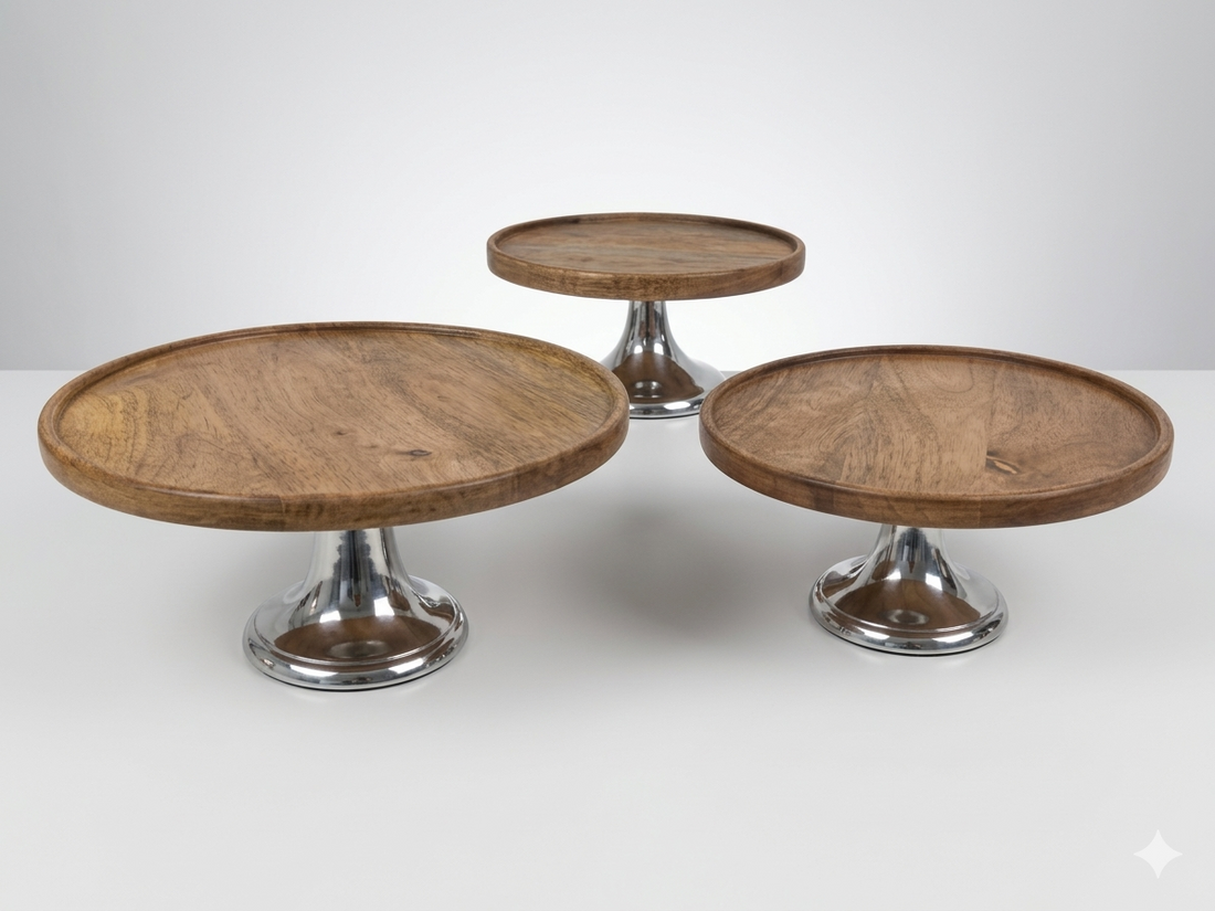 Cake Stand mango wood top and premium silver metal base