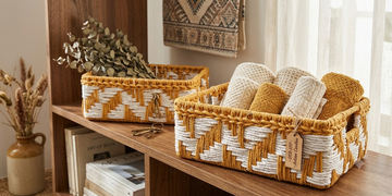 METAL ORANGE / WHITE RAFIYA HAND WOVEN BASKET SET OF 2 OPTION SIZE 12X8X4" , 14X10X4