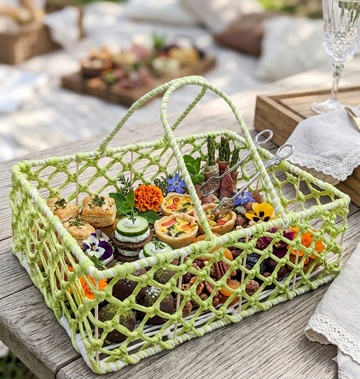 HAMPER HAND WEAVED BASKET GREEN + WHITE RAFIA 16"X12"X5"