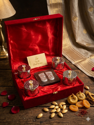 SKD LUXURY EXCLUSIVE GIFT WITH SILVER LAXMI JI CHARAN AND 4 JARS IN SILVER WITH VELVET BOX