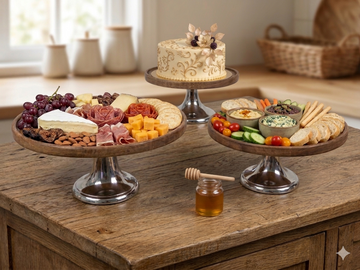 Cake Stand mango wood top and premium silver metal base