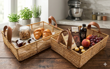 HAMPER BASKET HAND WEAVED IN GOLDEN SPARKLE WITH TAN LEATHER HANDLE