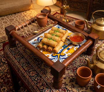 WOODEN PLATTAR IN CHARPAI OR COT WITH DESIGNER PRINT ENAMEL - 13"X10"