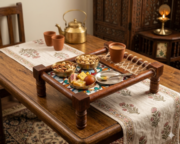 WOODEN PLATTAR IN CHARPAI OR COT WITH DESIGNER PRINT ENAMEL - 13"X10"