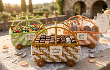 METAL COLOURFU;L HANDWEAVED CART WITH WOOD WHEELS - 3 COLOUR OPTIONS