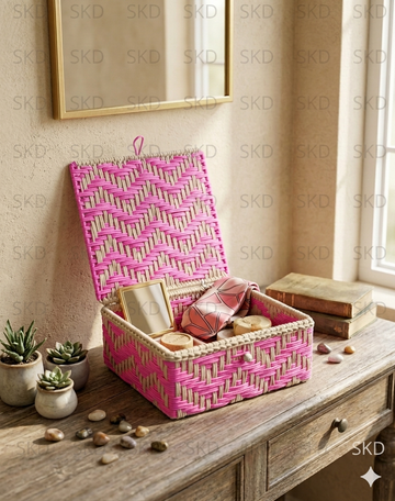 Metal Hand Woven Cotton + Macrom Pink / white Square Box Size 10x10x4