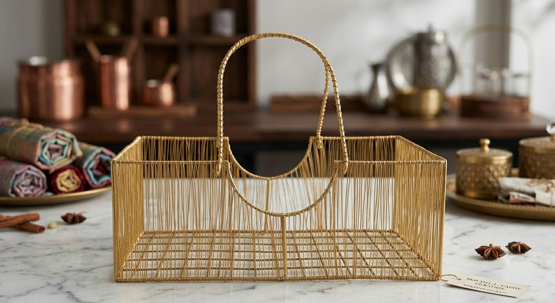 Iron gold hand woven wire mesh straight basket size 11x8 "