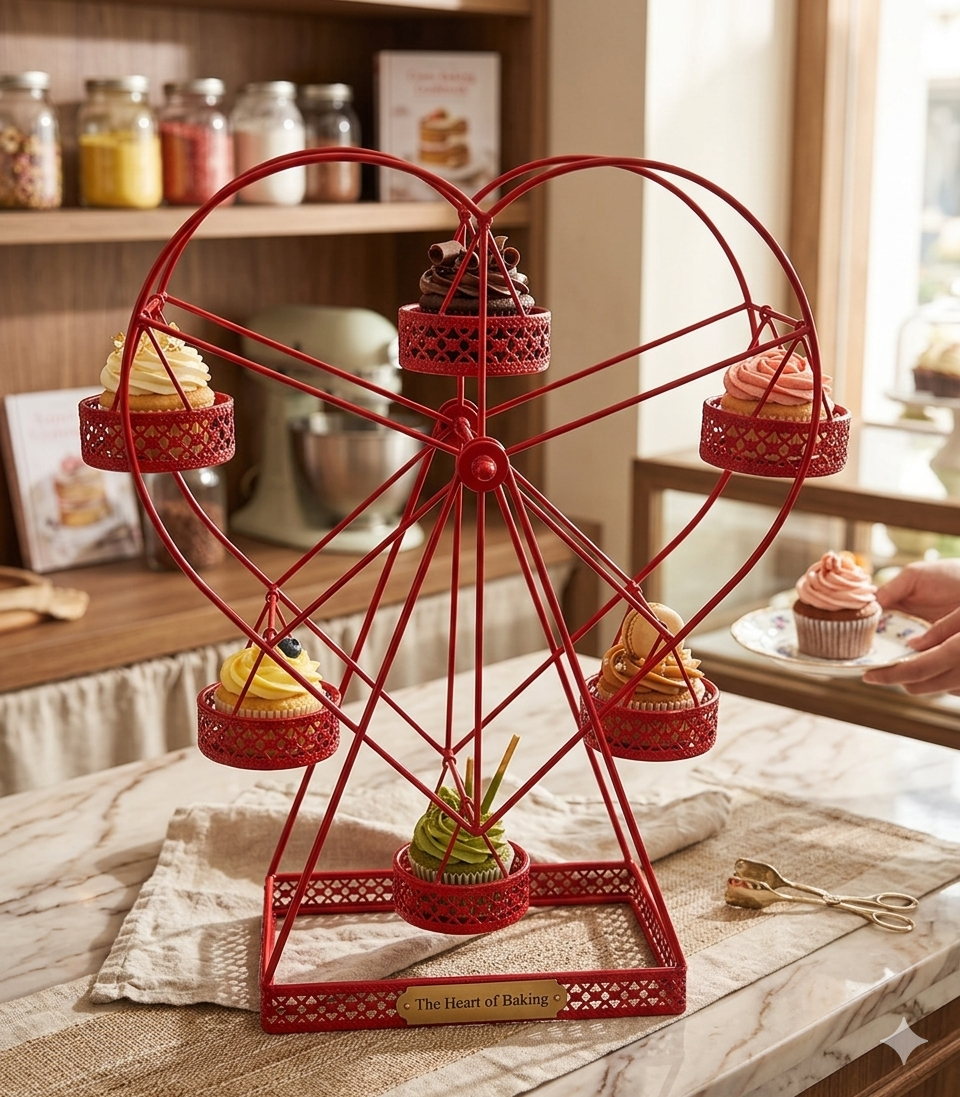 METAL HEART SHAPE 6 GIANT WHEEL CUPCAKE STAND VERY TRENDY RED COLOUR