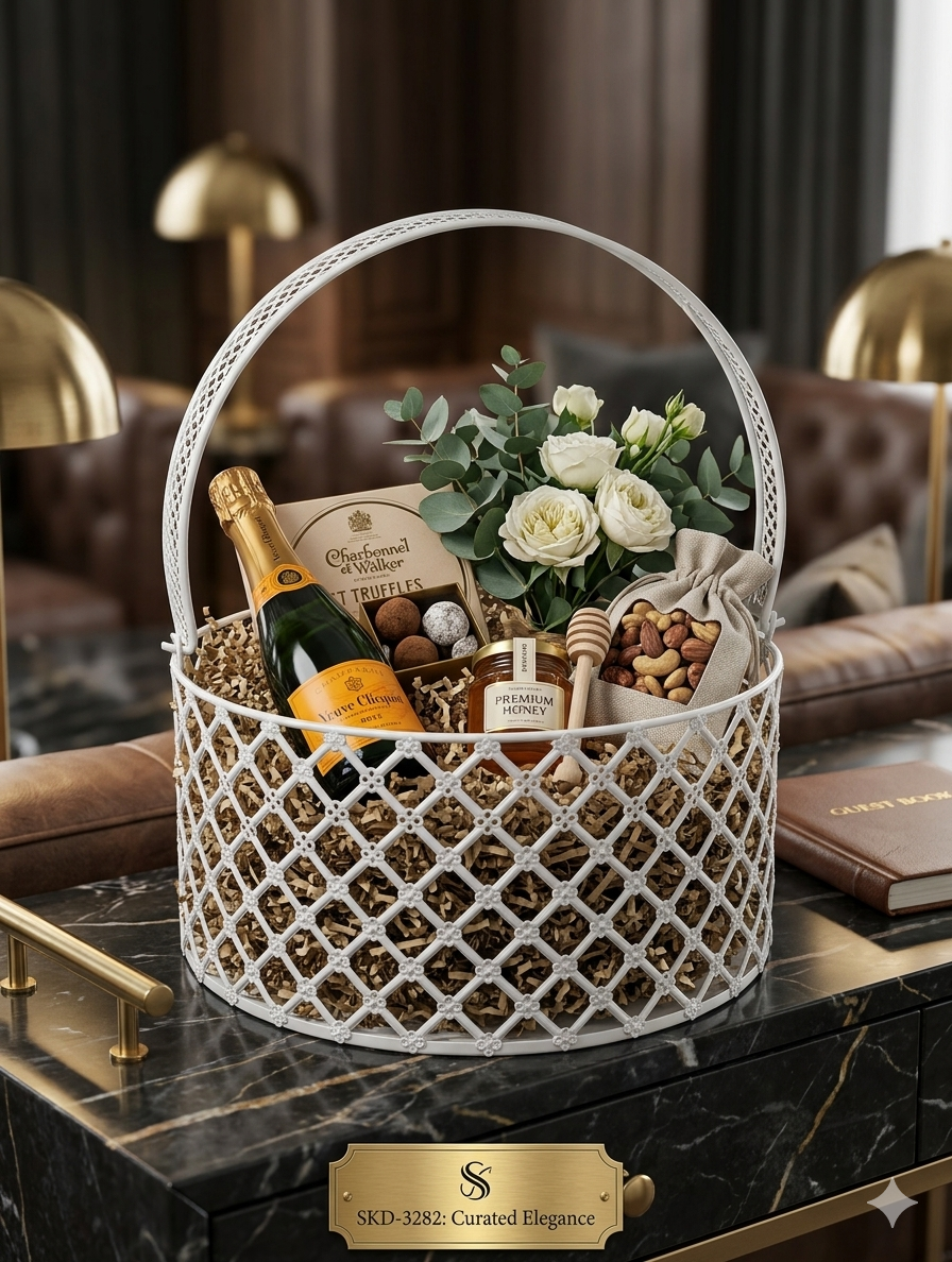 METAL HAMPER BASKET 2 SIZE OPTION AND GOLD PLATED , WHITE