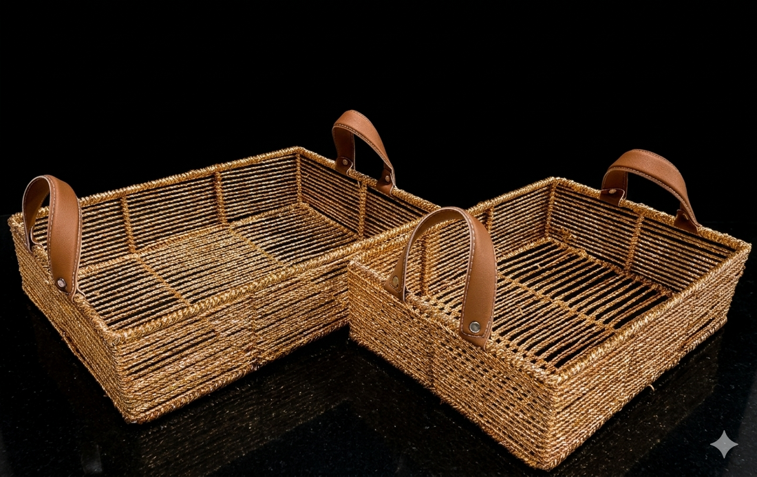 HAMPER BASKET HAND WEAVED IN GOLDEN SPARKLE WITH TAN LEATHER HANDLE