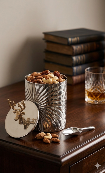 SKD JAR OR VOTIVE WITH EYE DESIGN AND DEER TOP KNOB SILVER