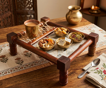 WOODEN PLATTAR IN CHARPAI OR COT WITH DESIGNER PRINT ENAMEL - 13"X10"