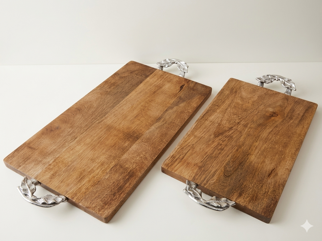 MANGO WOOD TRAY RECTANGULAR WITH PREMIUM METAL HANDLE