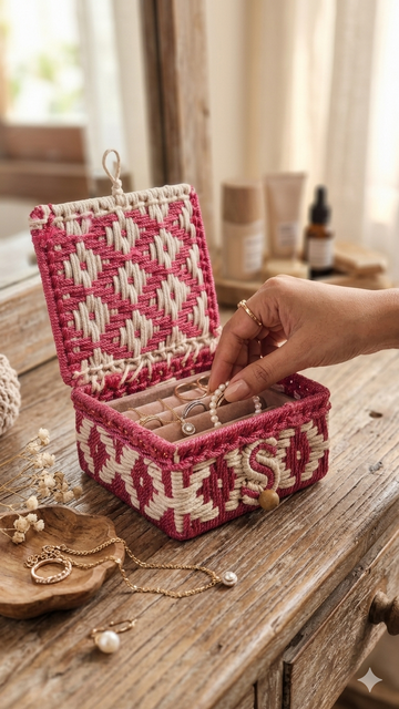 Metal Macron + Raffia Red / White  Square Box Size 7x7x3,