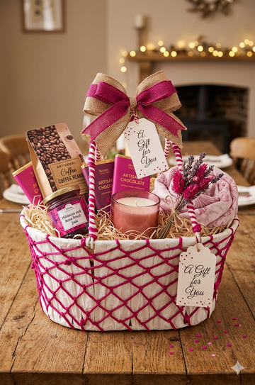 SKD HANDWEAVEN NET BASKET WITH PINK MACRAN - 14"X10"X7"