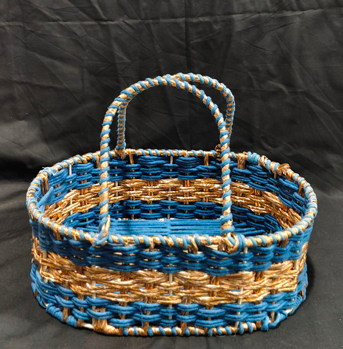 HAMPER HAND WEAVED BASKET BLUE COTTON + GOLDEN  12"X8"X4"